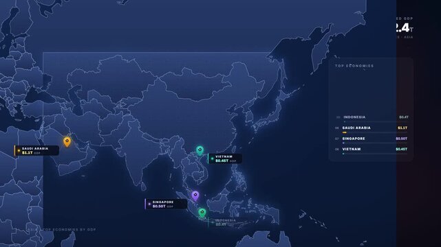 Asia economy data visualization map with animated GDP statistics and country ranking