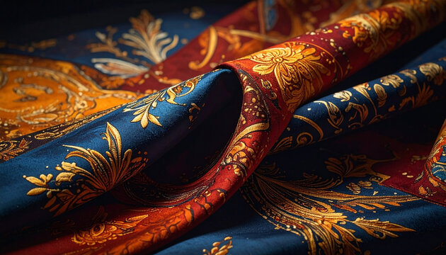 Close up of luxurious silk fabric with intricate floral patterns