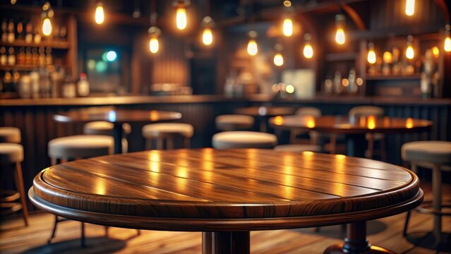 Wooden round table and pub or bar blur background