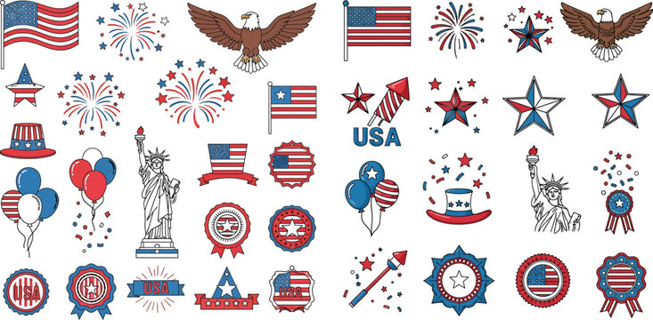 Patriotic american symbols and icons for 4th july independence day of usa