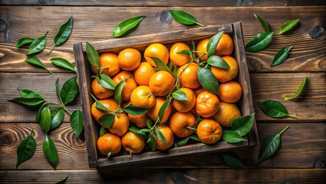 Fresh tangerines in an old box with leaves on wooden background top view