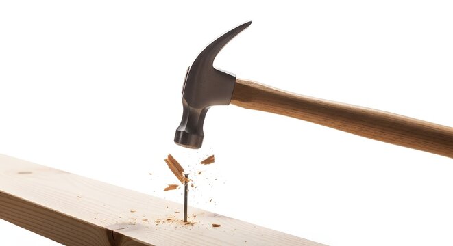 Hammer striking nail into wooden surface with splintering detail minimal background