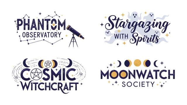 Celestial Encounters: A collection of four mystical and cosmic-themed graphic designs, featuring telescopes, constellations, moons, and supernatural elements.