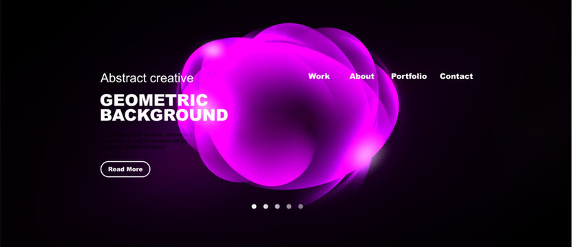 Dark background features vibrant pink geometric shapes. Website header includes navigation options, plus read more button. Modern design.