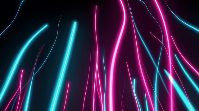 Abstract glowing neon lines move dynamically on black background, futuristic motion.