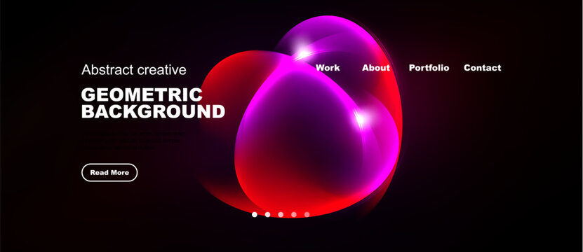 Dark background features vibrant pink, red shapes. Website navigation includes work, about, portfolio, contact options. Button reads read more.