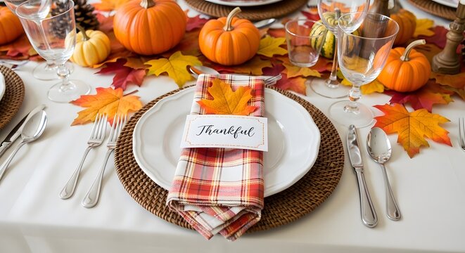 Thanksgiving usa table setting festive autumn dinner with pumpkins and fall foliage