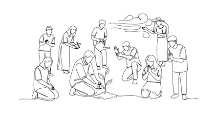 Obraz premium Diverse Group Cultivating Nature and Praying for Growth - One Line Art Style