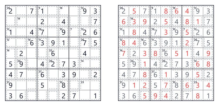 Killer Sudoku puzzle with cage sums and completed solution