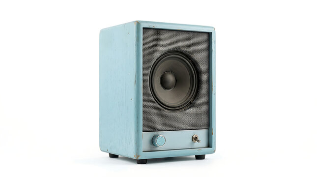 Vintage light blue speaker isolated on white background for audio equipment