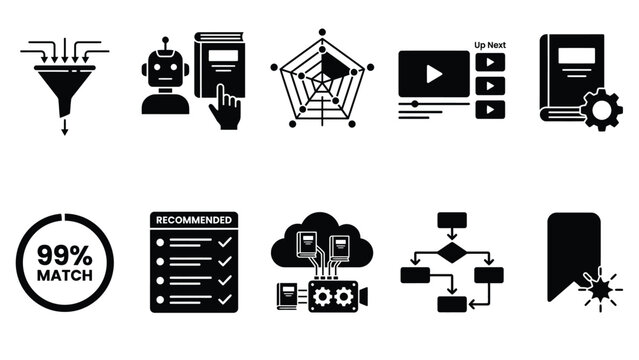 Artificial intelligence in education icon set illustrating digital learning processes and content delivery.