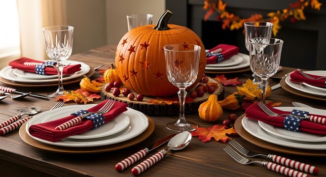 Thanksgiving usa table setting with pumpkin centerpiece and patriotic decor