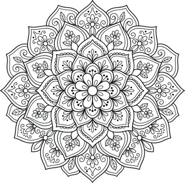 Intricate floral mandala coloring page for adults relaxation and stress relief detailed line art