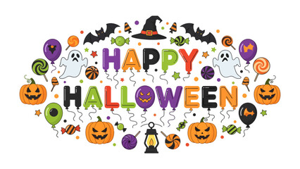 Fototapeta premium Happy Halloween Illustration: A festive arrangement of Halloween-themed elements, including pumpkins, ghosts, bats, candy, and balloons, spelling out Happy Halloween in a playful and colorful design.