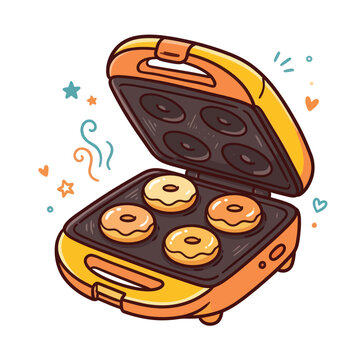 Cute donut maker with cooking donuts while steam rises with happy food concept
