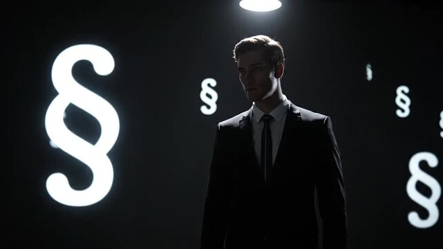 Confident Young Businessman Standing with White Holographic Paragraph Symbols in Dark Studio