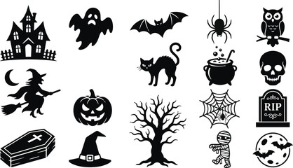 Fototapeta premium Halloween icons set with spooky symbols and festive elements in flat line art style