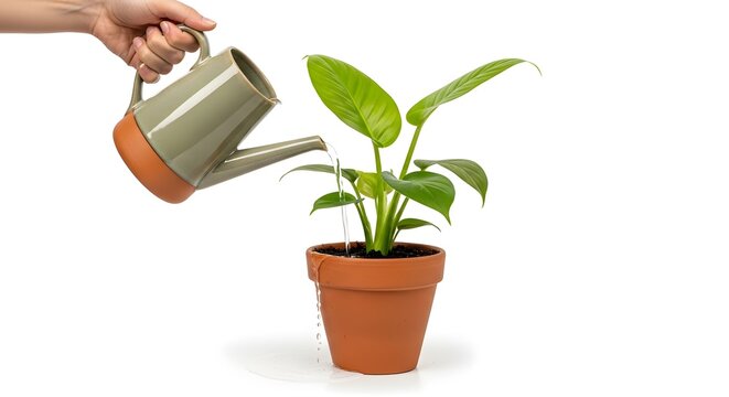 Watering young green houseplant in terracotta pot on white background minimal care concept