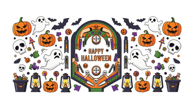 Halloween Pinball Machine: A vibrant illustration of a pinball machine surrounded by classic Halloween symbols like pumpkins, ghosts, bats, and skulls, creating a festive and spooky atmosphere.