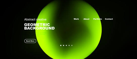 Naklejka premium Abstract green oval dominates dark background. Text elements present, including geometric background, navigation options, plus button. Minimalist design.
