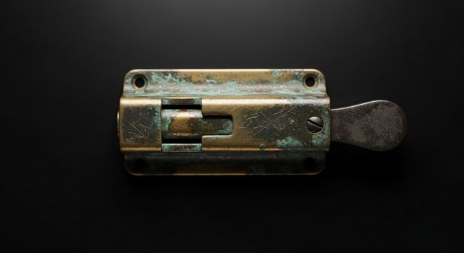 Close up of weathered brass latch isolated on black background
