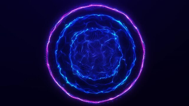 Vibrant particle energy core surrounded by concentric blue and pink rings, a bold visualization for AI processing, quantum science, neural data, and digital systems.