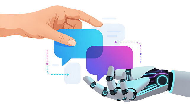 Hands holding conversation bubbles. One hand of a female worker holds a speech bubble, while the other hand is cyber ai. Human collaboration with ai. Flat design Vector illustration. 