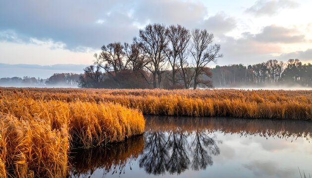 Late autumn marshland with tall golden reeds beside still dark water creating a peaceful serene quiet beautiful moody immersive landscape photograph generative AI