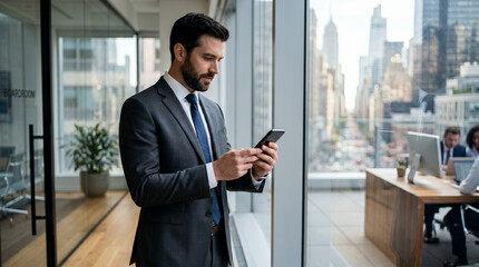 Fototapeta premium Male executive using a smartphone beside a city office window