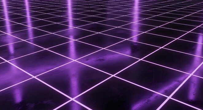 Purple grid texture background hd image glossy tile floor with neon light reflections
