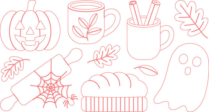 Assortment of autumn, Halloween, and baking elements outlines with pumpkins and ghosts
