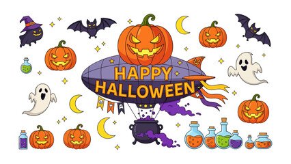 Halloween Airship Adventure: A whimsical airship emblazoned with Happy Halloween floats amidst a spooky constellation of jack-o'-lanterns, playful bats, spectral ghosts, and bubbling cauldrons. © mstmahmuda