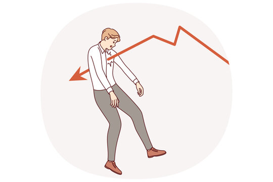 Business man, victim of crisis and recession, was wounded by financial falling chart symbolizing inflation. Businessman or investor went bankrupt or lost job because of crisis in labor market