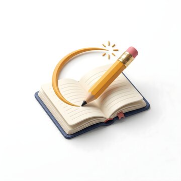 Creative 3D Education Logo with Open Notebook and Yellow Pencil Icon