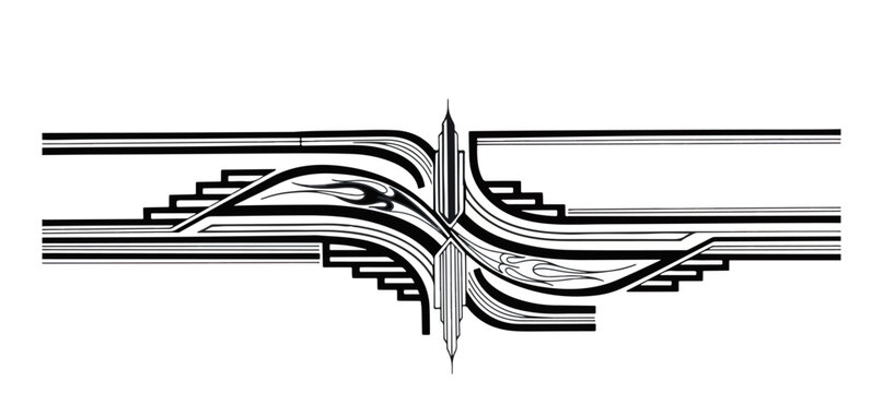 Abstract flowing ribbon pattern with layered curves and contrasting black and white design