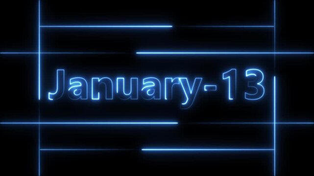 Abstract Neon January 13 calendar date Animation 4k video. Neon bright 13 January date text blue color animation. Suitable for event promotion, important.