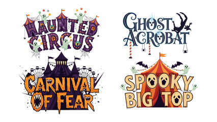 Haunted Circus and Spooky Carnival Graphics: A collection of stylized illustrations for a haunted circus and spooky carnival, featuring a Ferris wheel, circus tents, and playful ghosts. © mstmahmuda