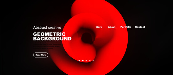 Naklejka premium Red geometric shapes dominate dark background. Website header includes navigation options, text, button. Modern design aesthetic present.