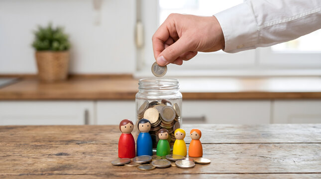 Hand putting coin into glass jar with colorful wooden family figures for household savings concept, Family financial planning and home budget concept with money jar in bright kitchen.