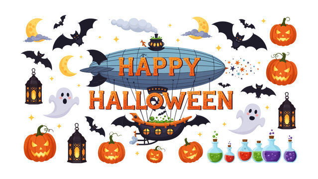 Halloween Airship Adventure: A whimsical collection of Halloween elements featuring a steampunk airship, jack-o'-lanterns, bats, ghosts, and potion bottles.