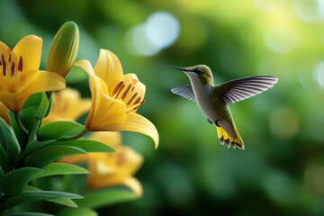 Fototapeta premium Side view of hummingbird feeding on vibrant yellow lily flower, green foliage background, nature, wildlife, summer, peaceful scene
