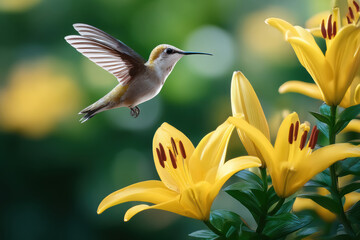 Fototapeta premium Side view of hummingbird feeding on vibrant yellow lily flower, green blurred background, nature, wildlife, delicate, peaceful scene