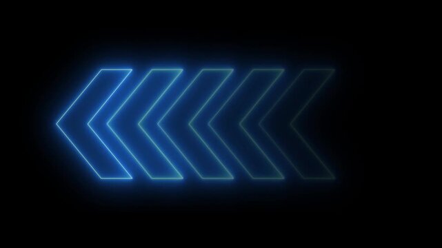 Blue neon swipe arrow pointing to left and moving on black background. Animated glowing left directional traffic arrows animation.