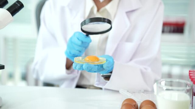 Scientist testing egg samples in a food safety laboratory, performing quality control, contamination screening, and nutritional analysis to ensure consumer health and product standards