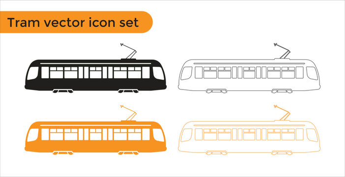 Tram Vector Icon Set with Simple Silhouette and Outline Designs