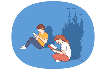 Naklejka premium Girl develops imagination by reading book, sitting near boy suffering from digital addiction. Brother enthusiastically plays video games while sister develops imagination, imagining magic castle