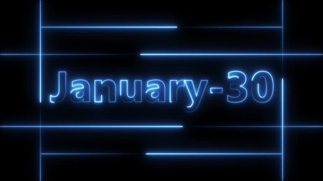 Abstract Neon January 30 calendar date Animation 4k video. Neon bright 30 January date text blue color animation. Suitable for event promotion, important.