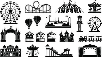 Amusement park silhouette vector icons set with ferris wheel, roller coaster and carnival carousel graphics © Sagor