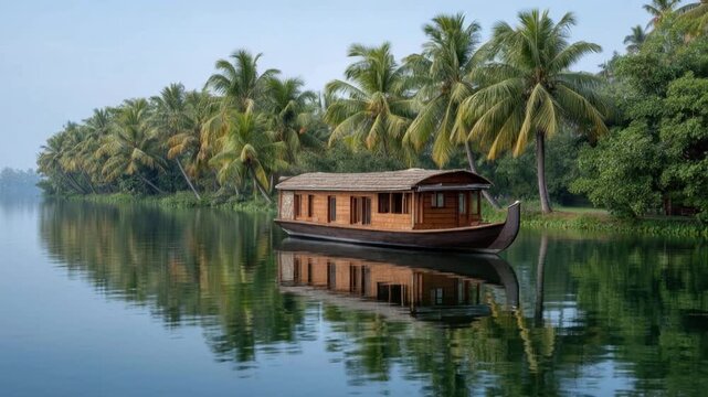 Traditional wooden houseboat floating serenely on calm water surrounded by lush green palm trees and tropical vegetation in a peaceful natural setting