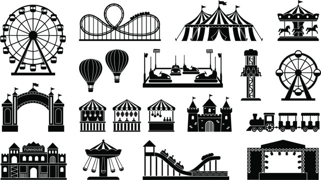 Amusement park silhouette vector icons set with ferris wheel, roller coaster and carnival carousel graphics